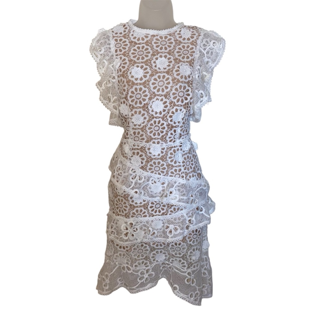 White Ruffled Tiered Midi Dress with Flutter Sleeves